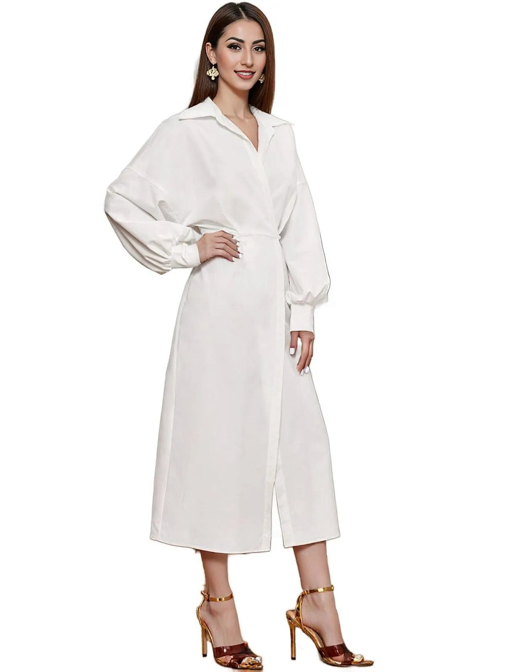 Drop Shoulder Lantern Sleeve Wrap Shirt Dress – Effortless Chic & Comfort