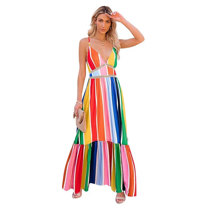 Vibrant Multi-Colored Striped Maxi Dress -  Perfect Summer Look