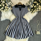 Striped Pleated Mini Dress – Fit and Flare Casual Party Style