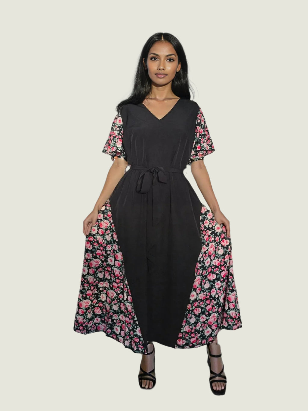 Floral Contrast Maxi Dress - Elegant & Modest