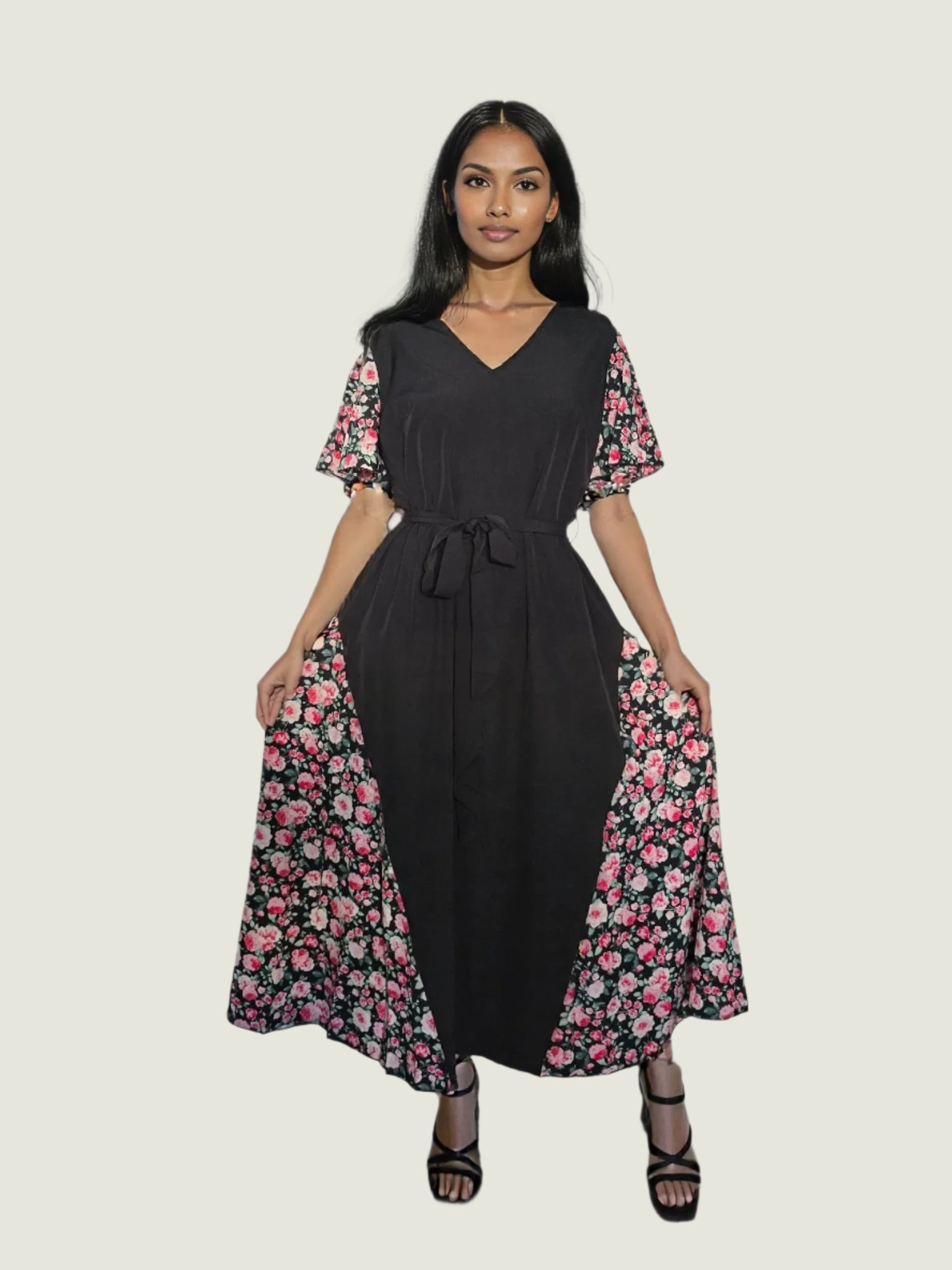 Floral Contrast Maxi Dress - Elegant & Modest