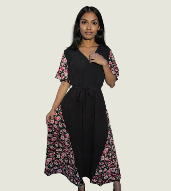 Floral Contrast Maxi Dress - Elegant & Modest