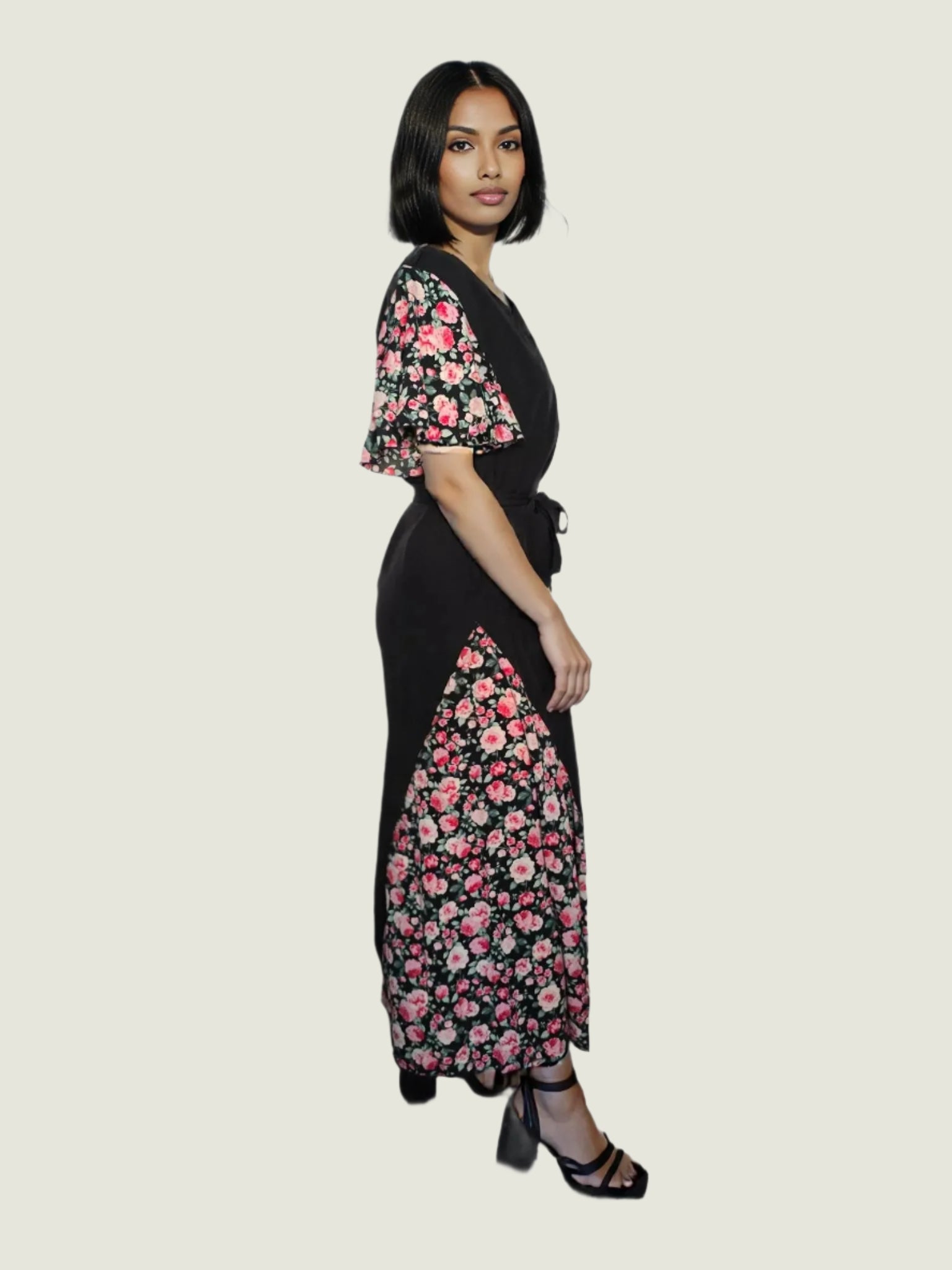 Floral Contrast Maxi Dress - Elegant & Modest