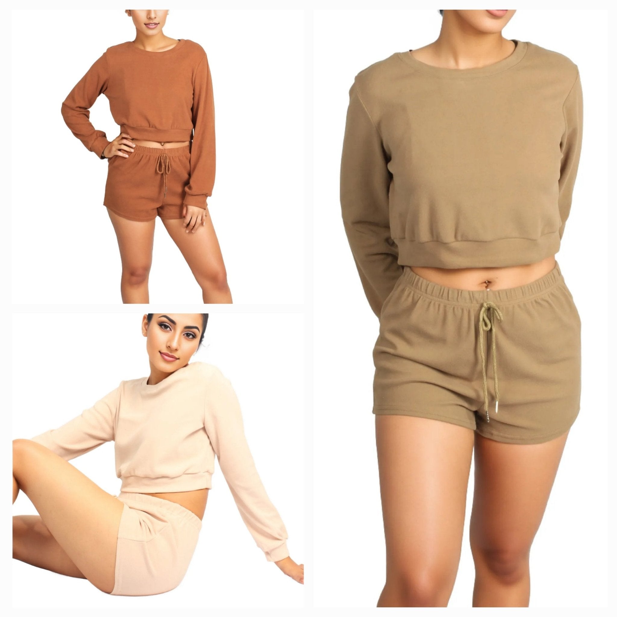 3pcs Solid Pullover & Tie Front Shorts Lounge Sets