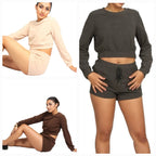 3pcs Solid Pullover & Tie Front Shorts Lounge Sets