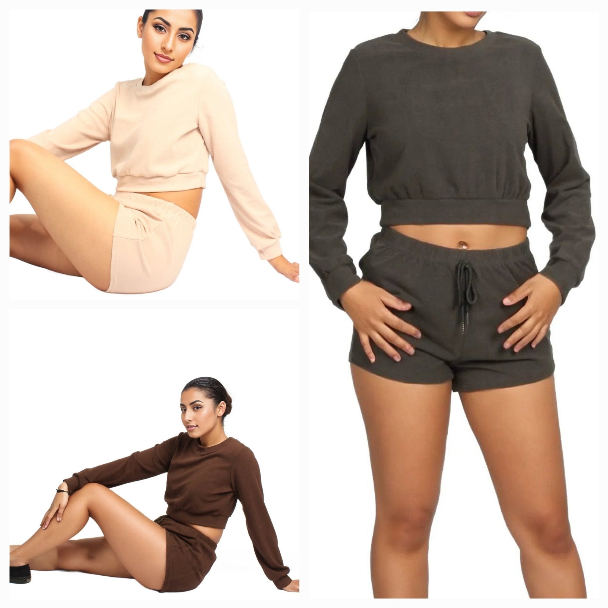 3pcs Solid Pullover & Tie Front Shorts Lounge Sets