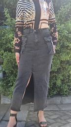 Grey High-Waist Denim Skirt with Cargo Pockets DYQ-349