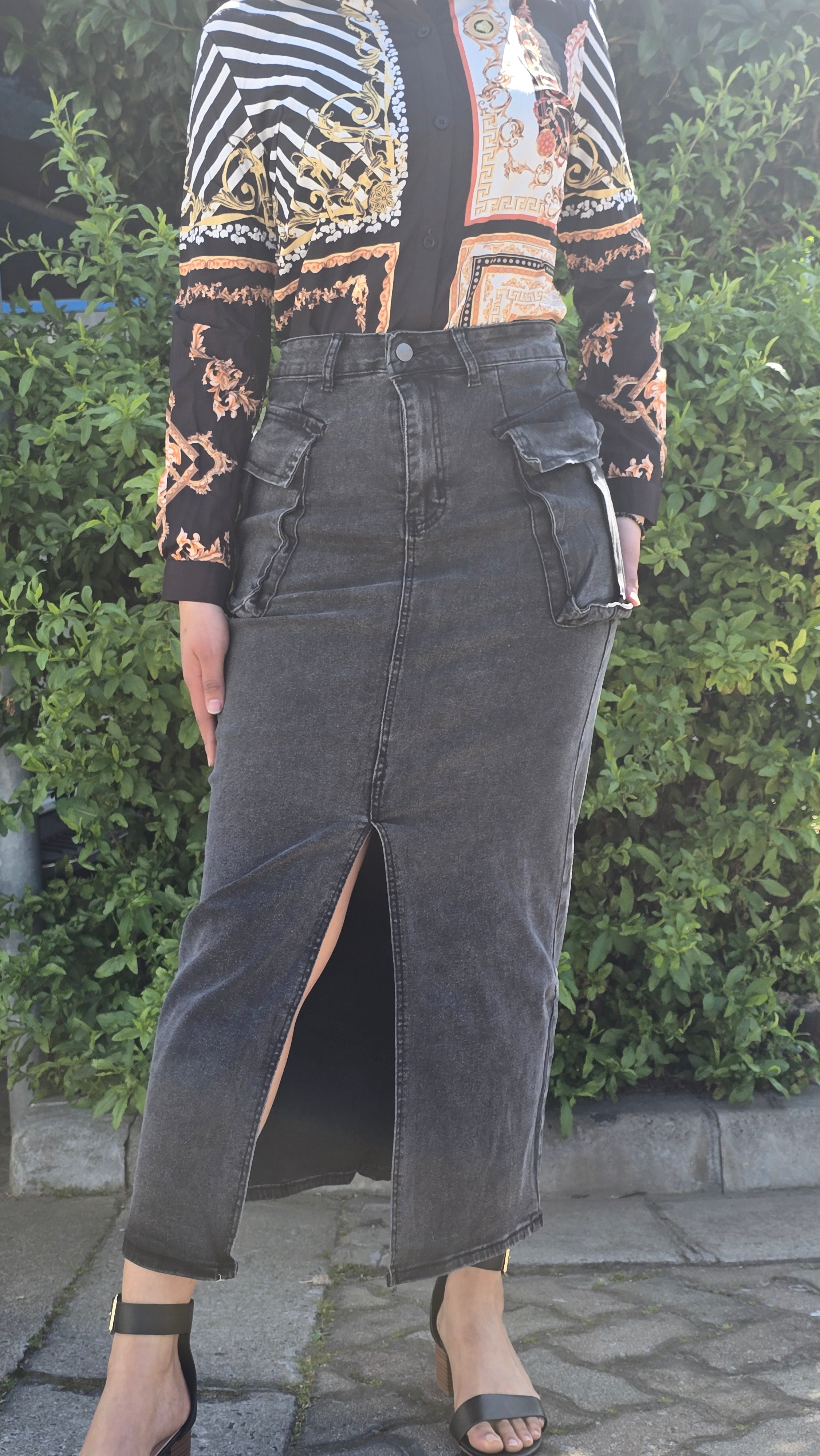 Grey High-Waist Denim Skirt with Cargo Pockets DYQ-349