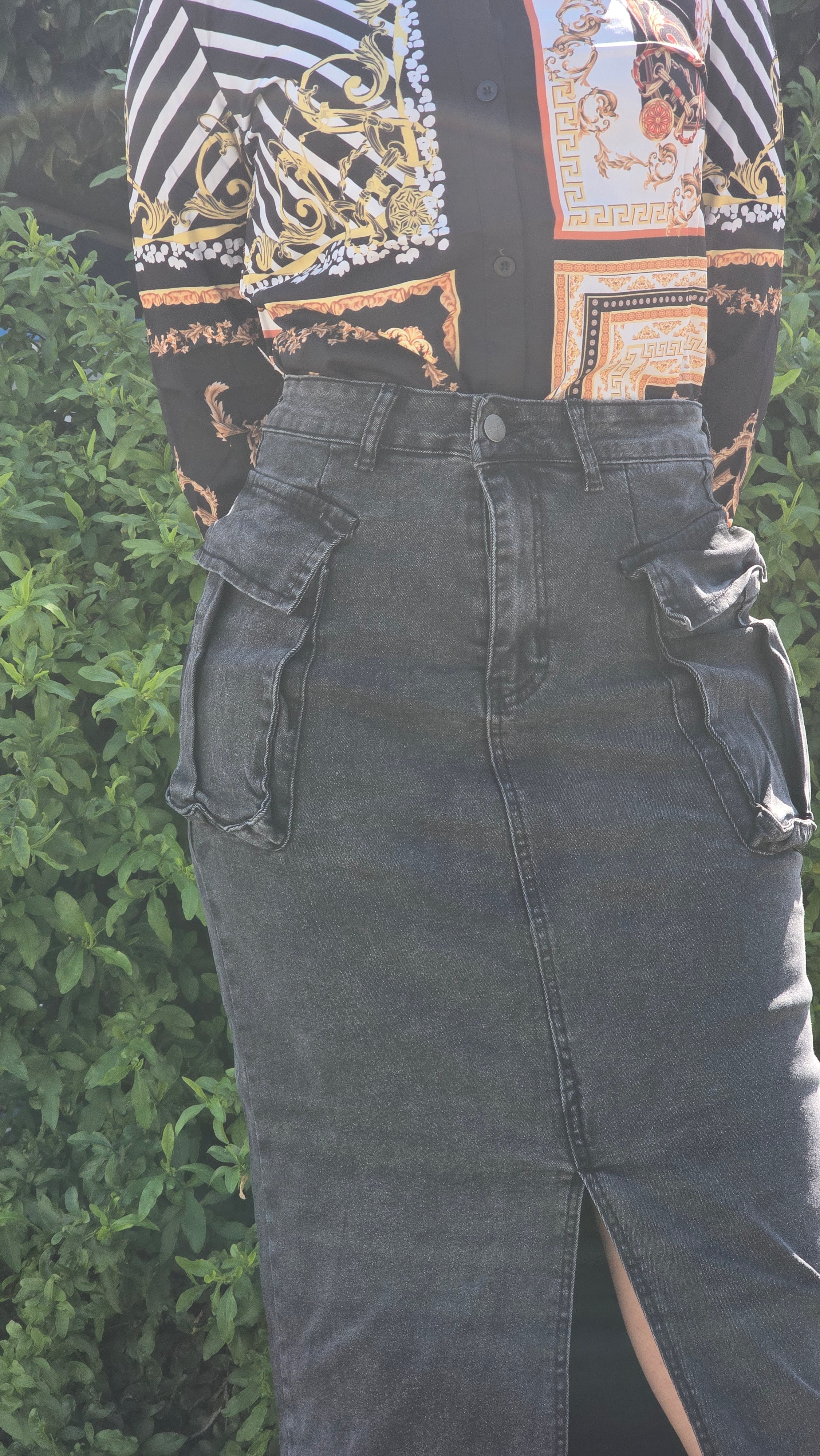 Grey High-Waist Denim Skirt with Cargo Pockets DYQ-349
