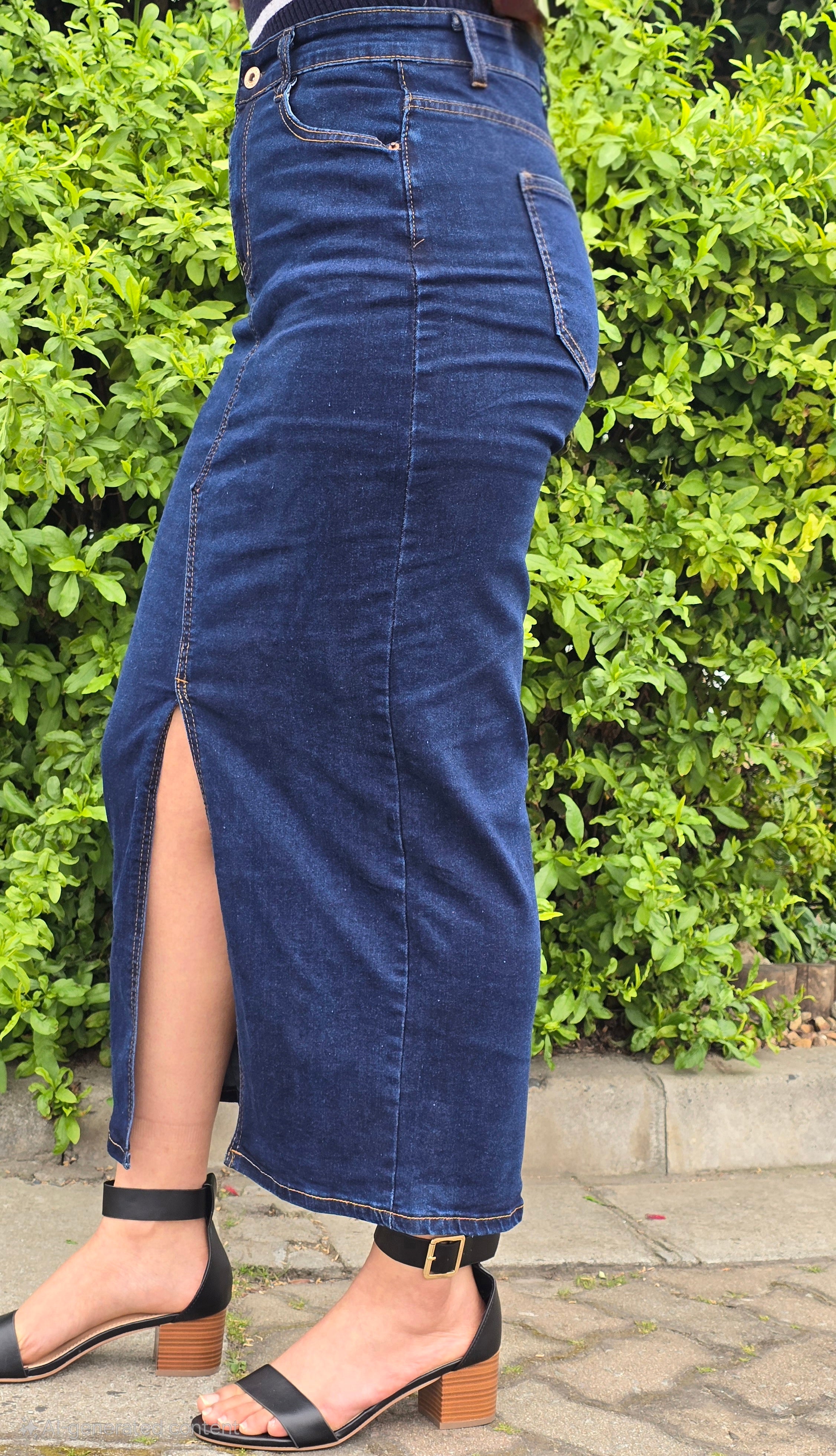 High-Waist Dark Denim Skirt with Front Slit DYQ-282