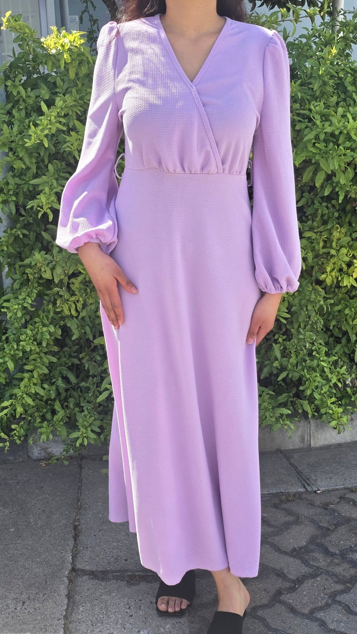 Puff Sleeve V Neck Maxi Dress Without Belt