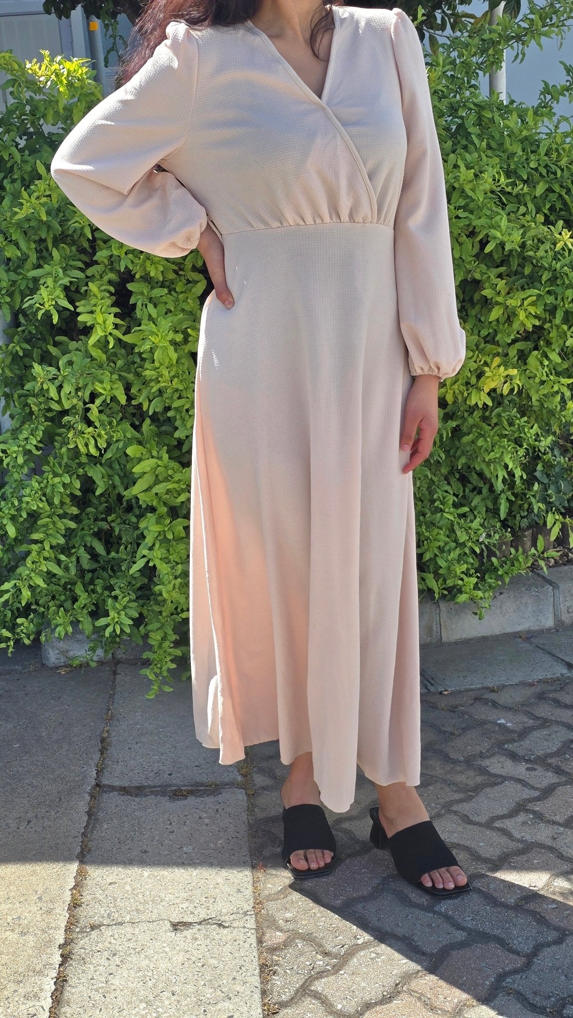 Puff Sleeve V Neck Maxi Dress Without Belt