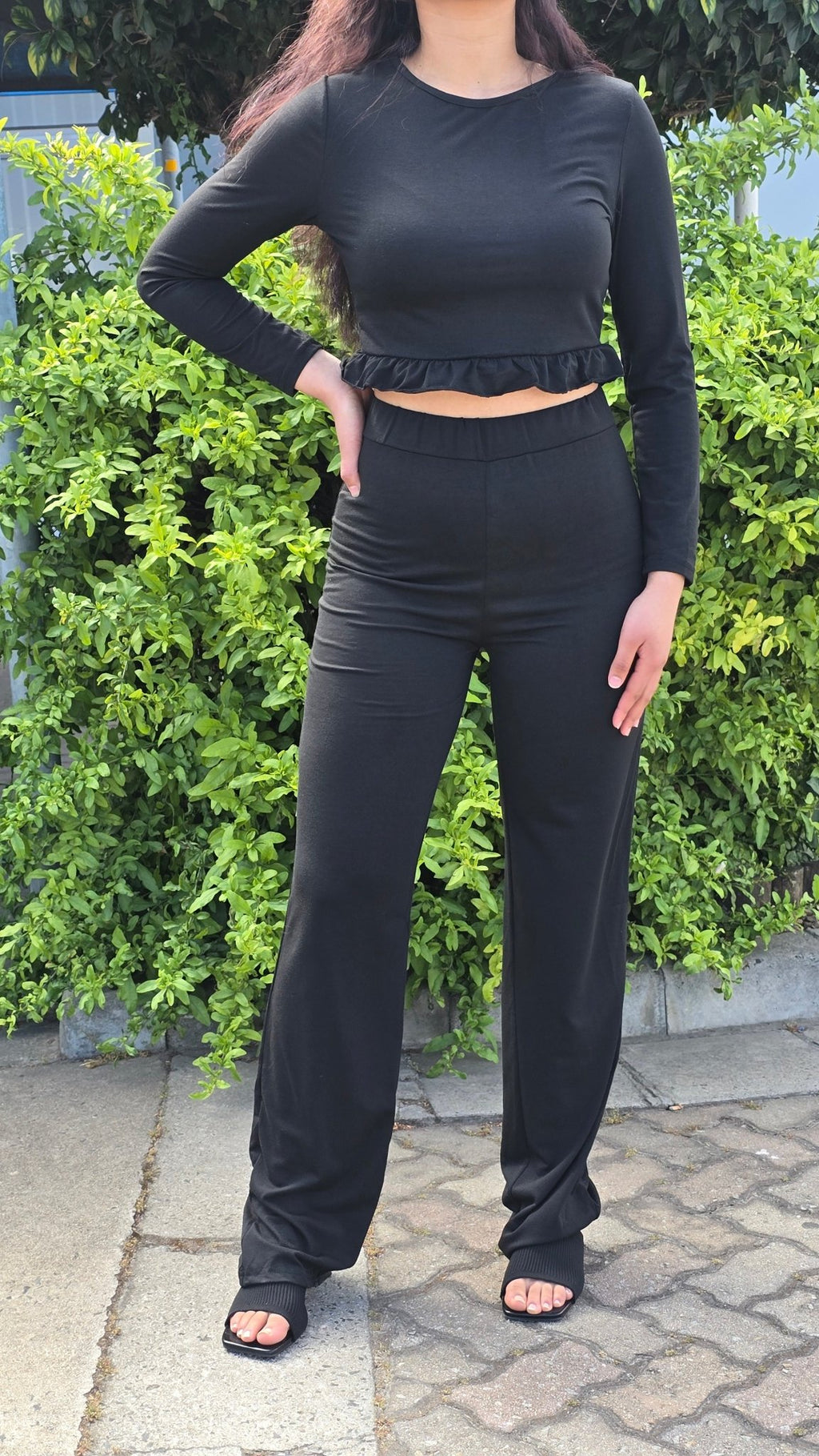 Plain Round Collar Ruffled Hem Two Piece Set