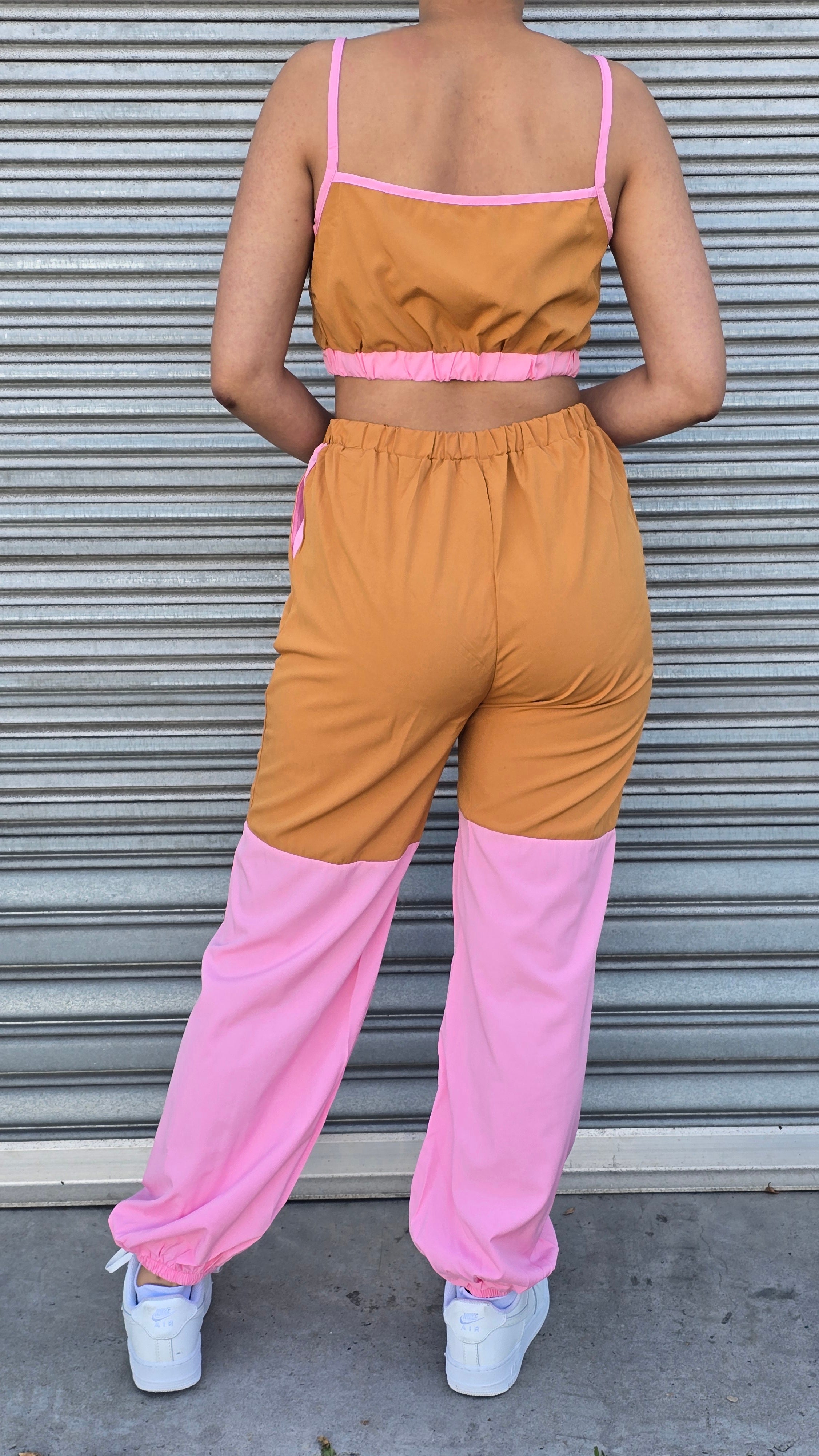 Color Block Patchwork Spaghetti Strap Sport Casual Outfits 2pcs