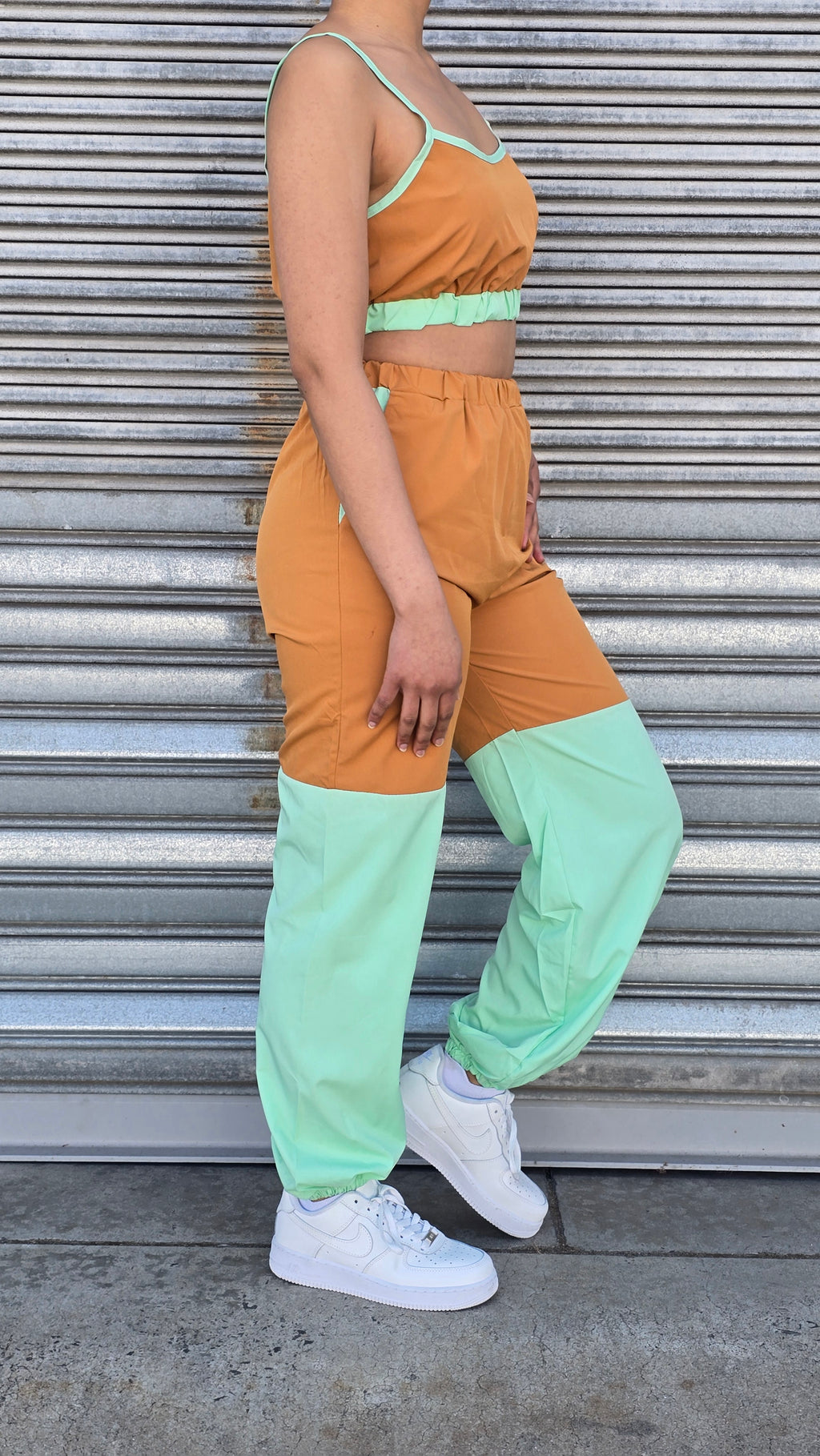 Color Block Patchwork Spaghetti Strap Sport Casual Outfits 2pcs