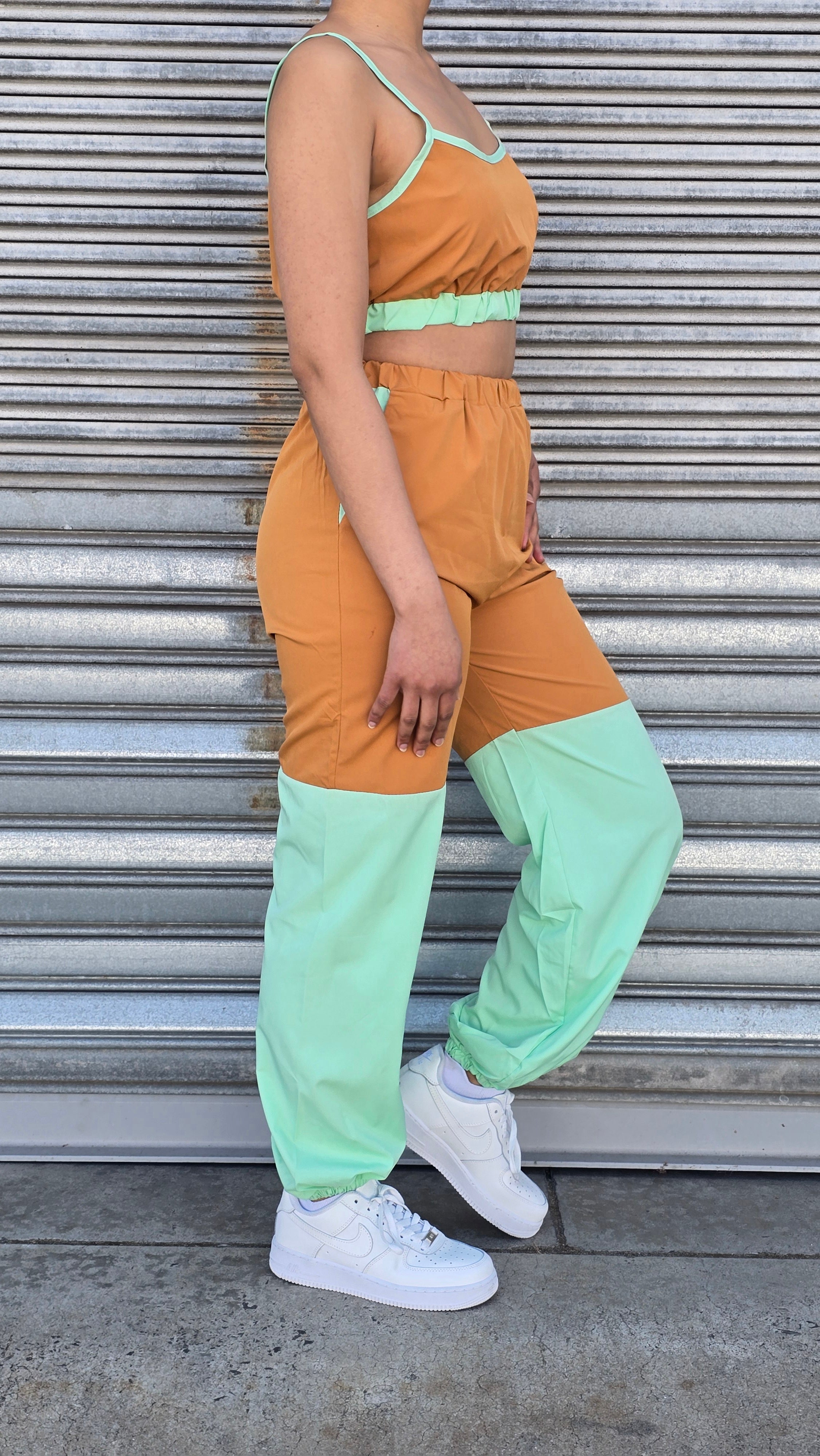 Color Block Patchwork Spaghetti Strap Sport Casual Outfits 2pcs