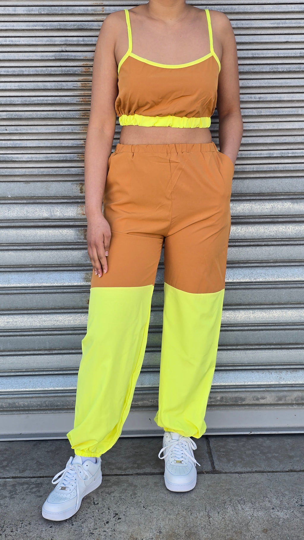 Color Block Patchwork Spaghetti Strap Sport Casual Outfits 2pcs