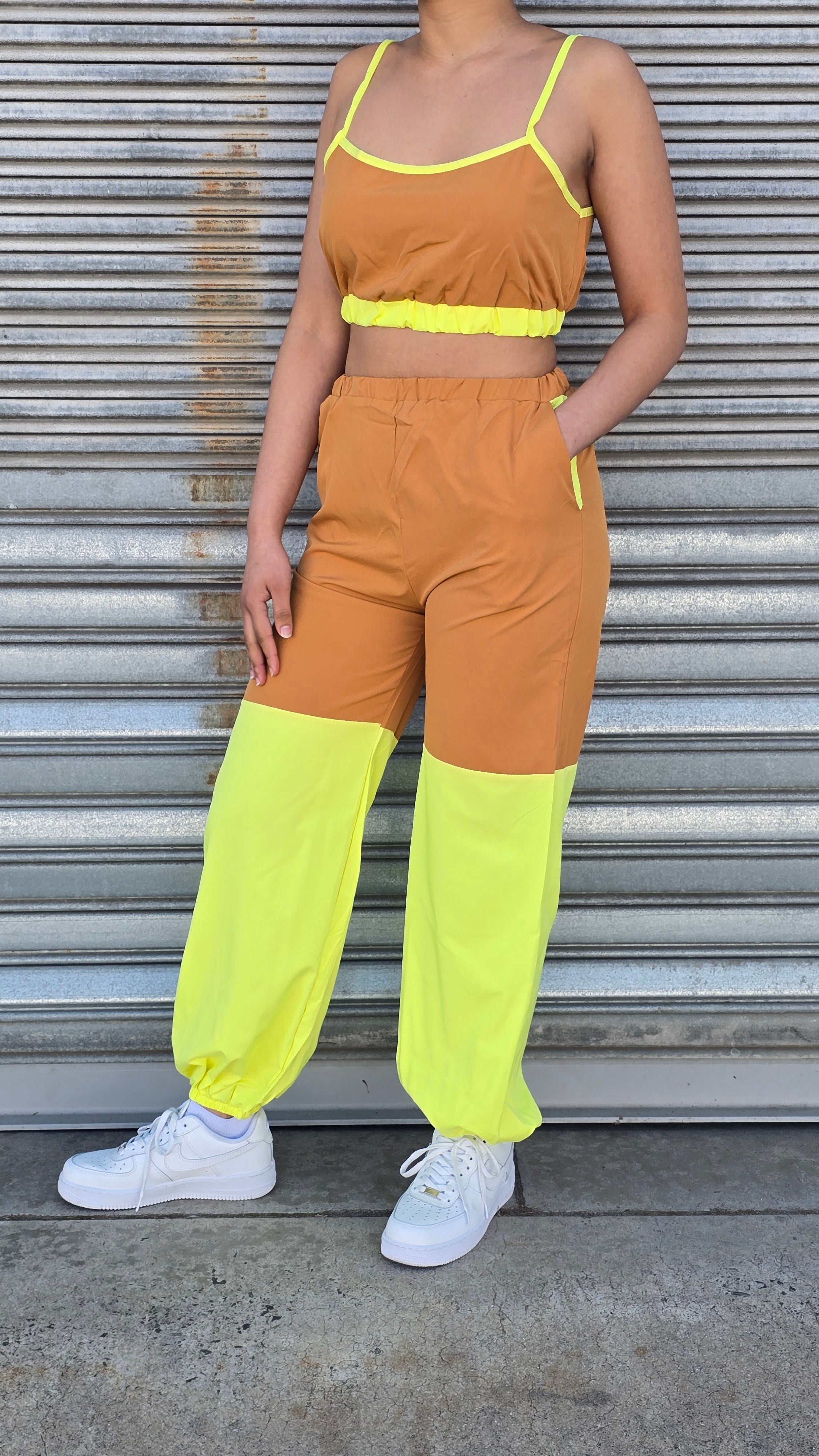 Color Block Patchwork Spaghetti Strap Sport Casual Outfits 2pcs