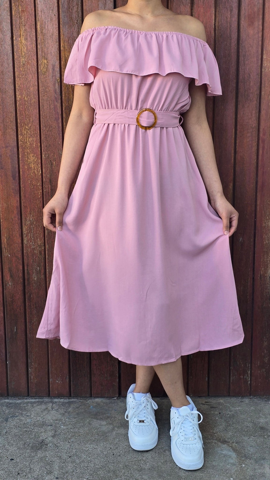 Off shoulder with belt midi dress