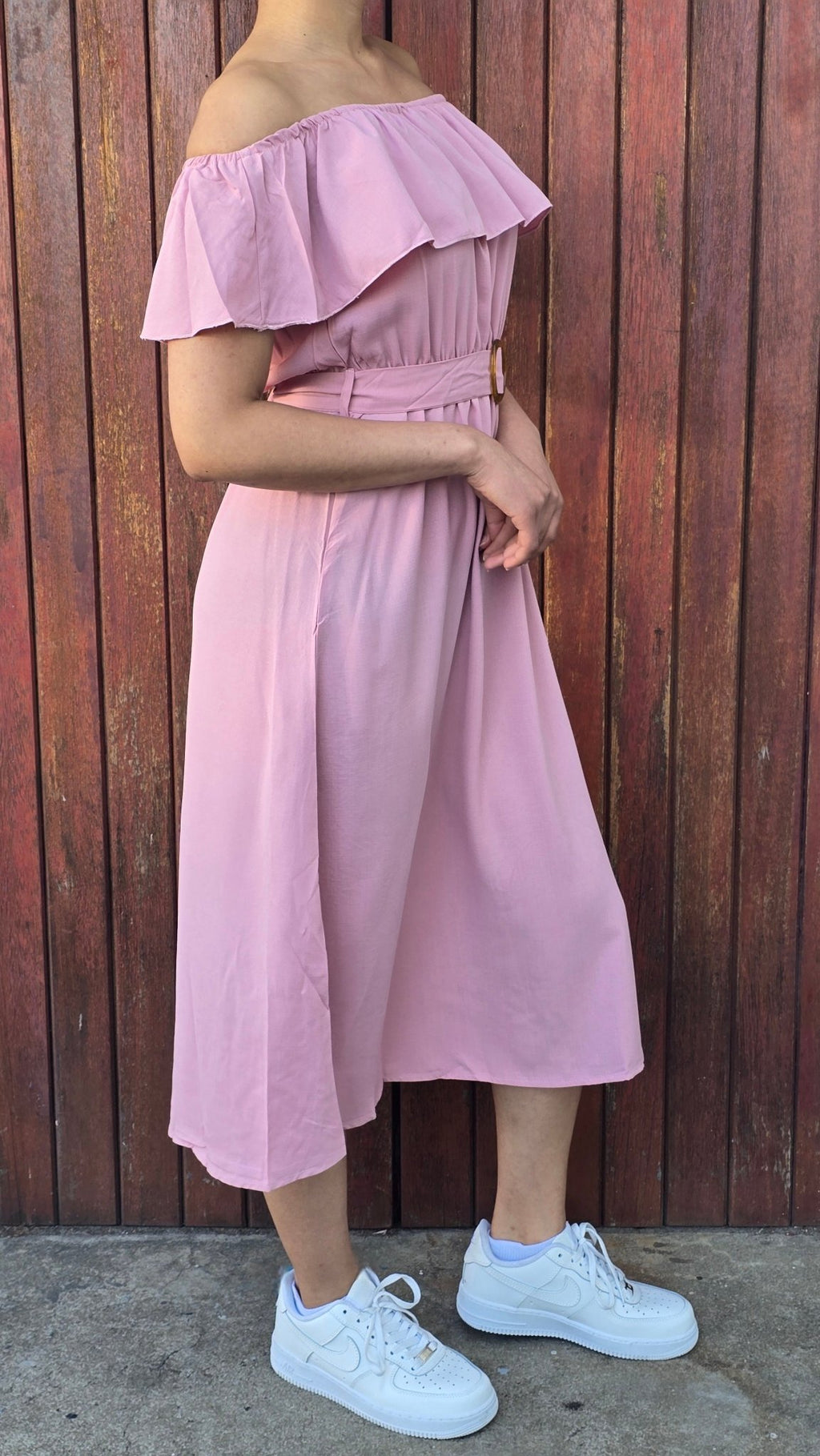 Off shoulder with belt midi dress