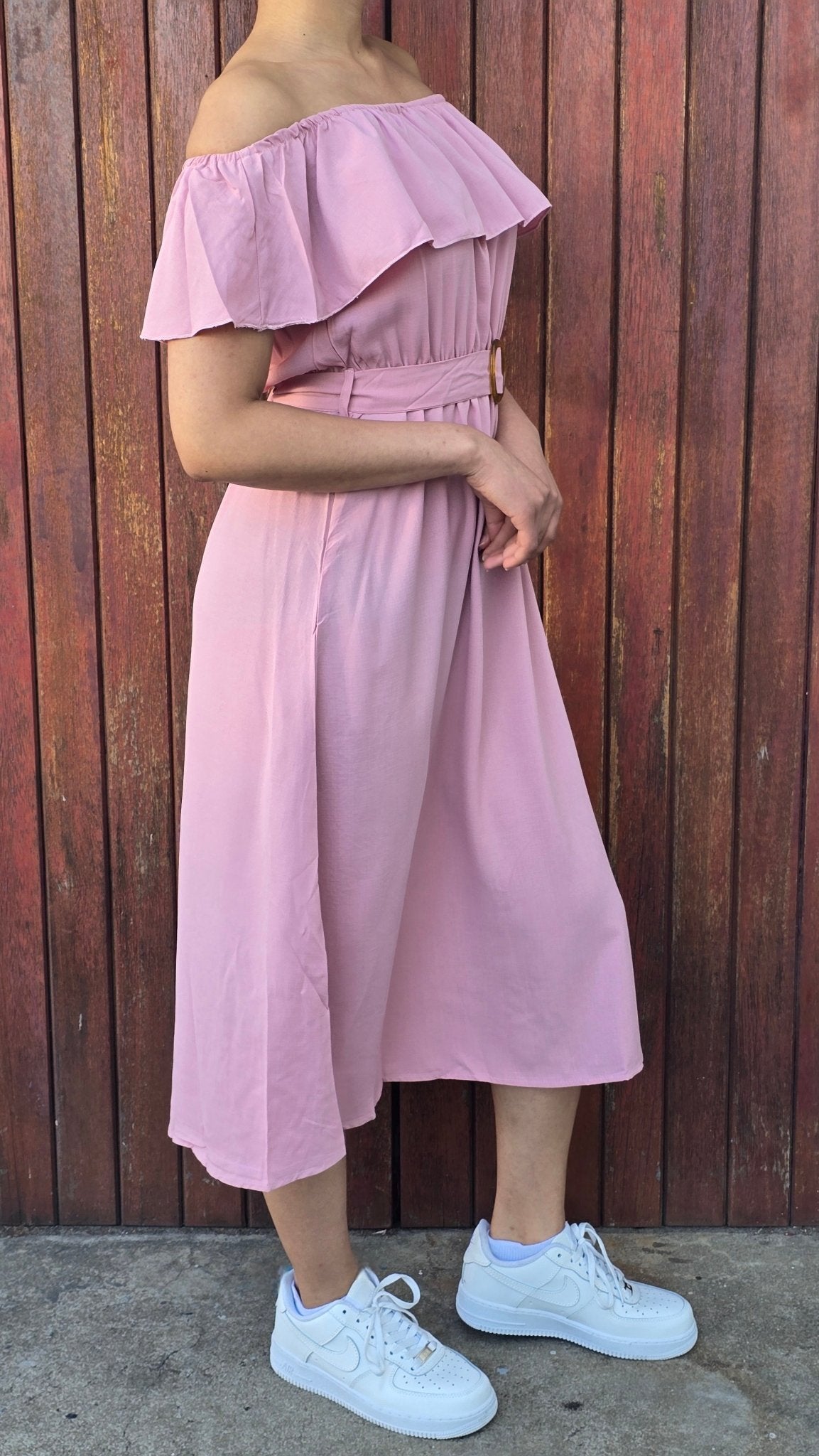 Off shoulder with belt midi dress