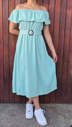 Off shoulder with belt midi dress
