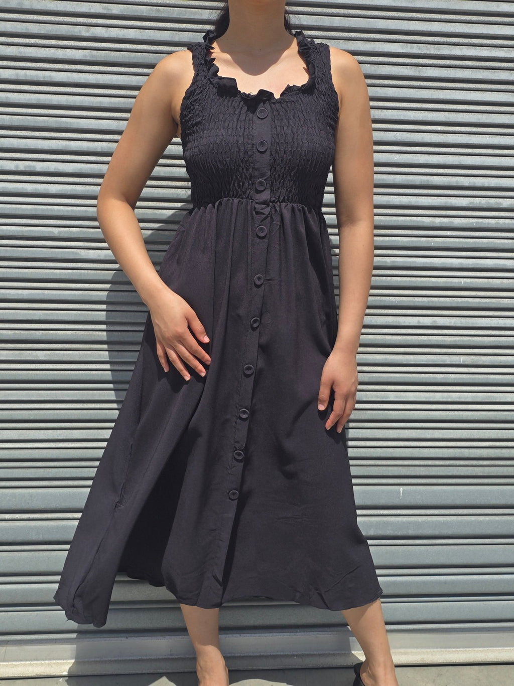 Smocked Button-Front Sleeveless Maxi Dress