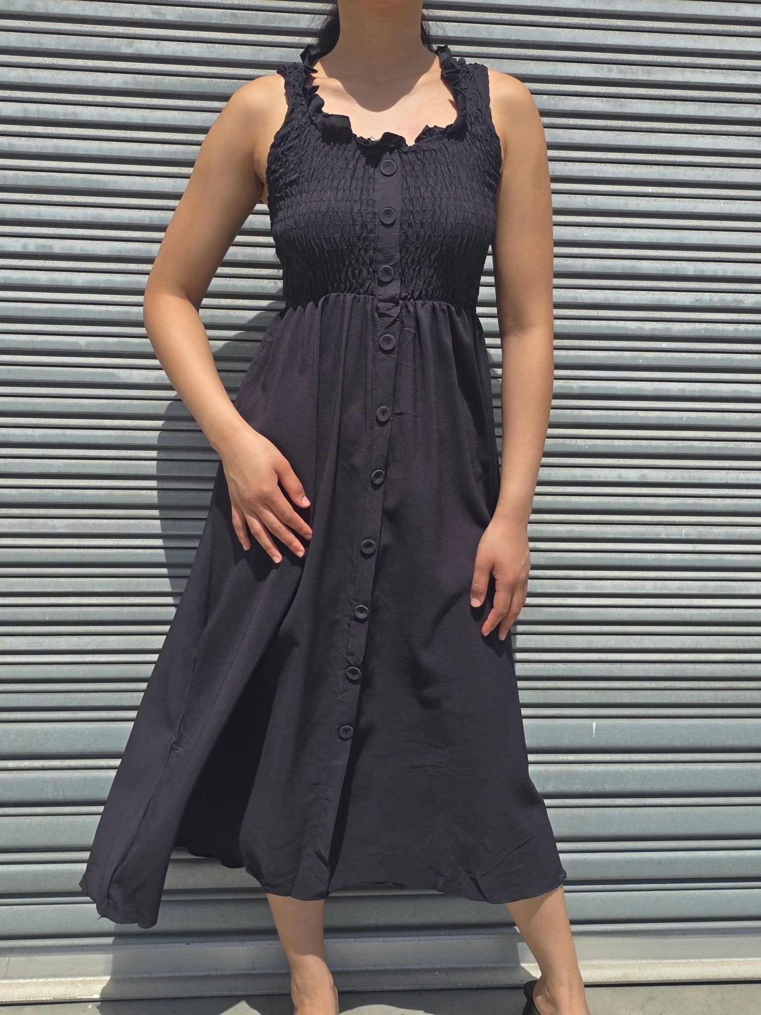 Smocked Button-Front Sleeveless Maxi Dress