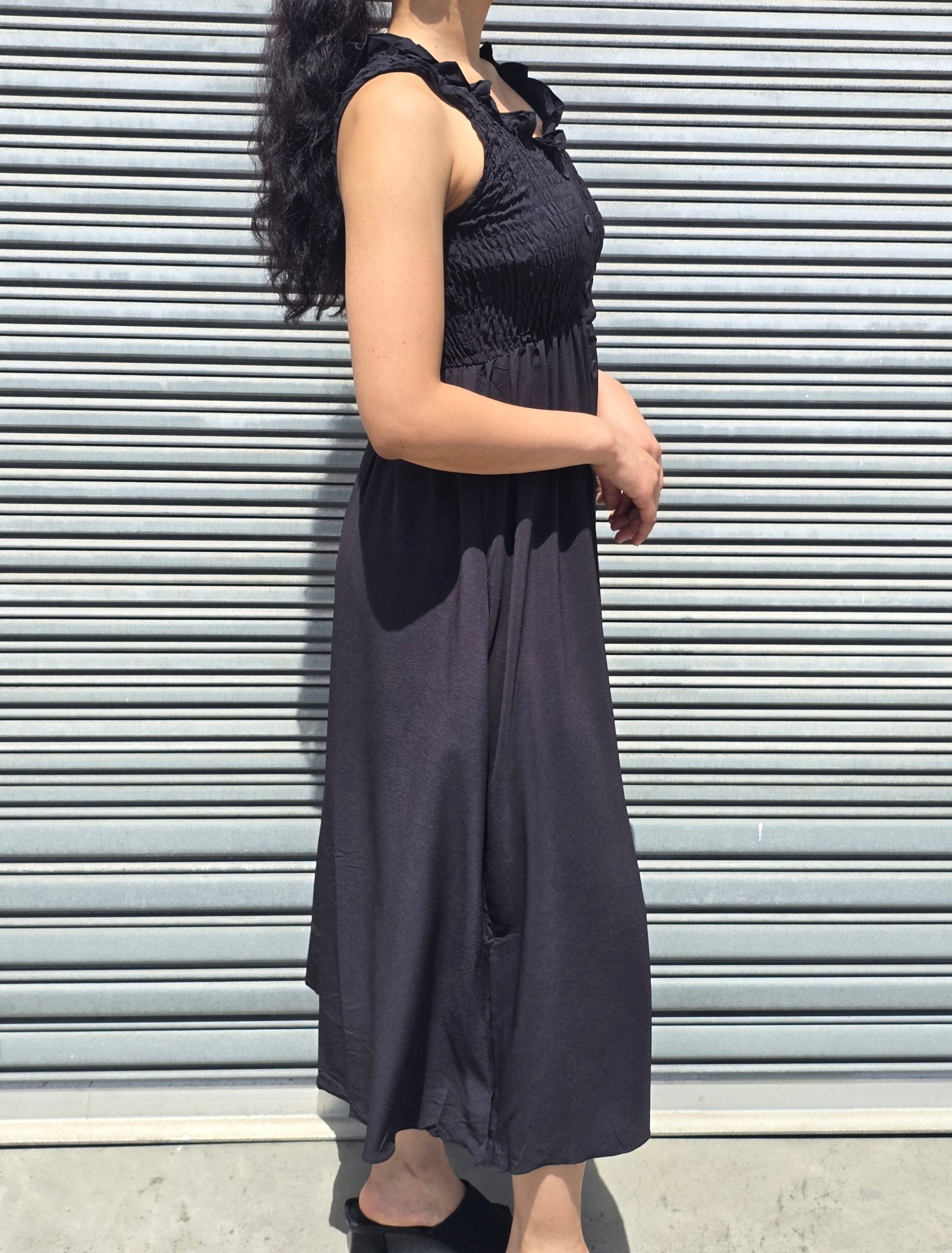 Smocked Button-Front Sleeveless Maxi Dress