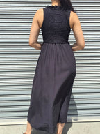 Smocked Button-Front Sleeveless Maxi Dress