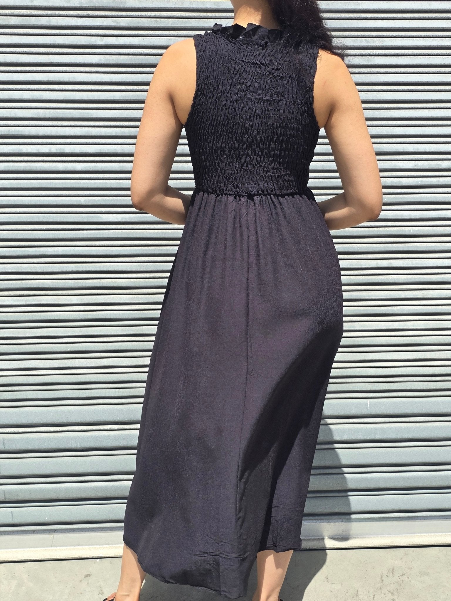 Smocked Button-Front Sleeveless Maxi Dress