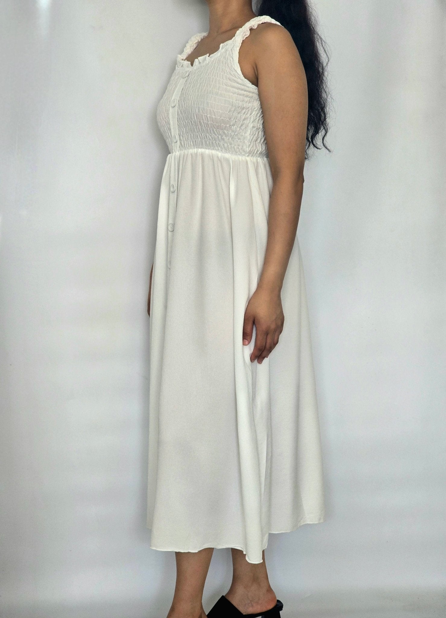 Smocked Button-Front Sleeveless Maxi Dress