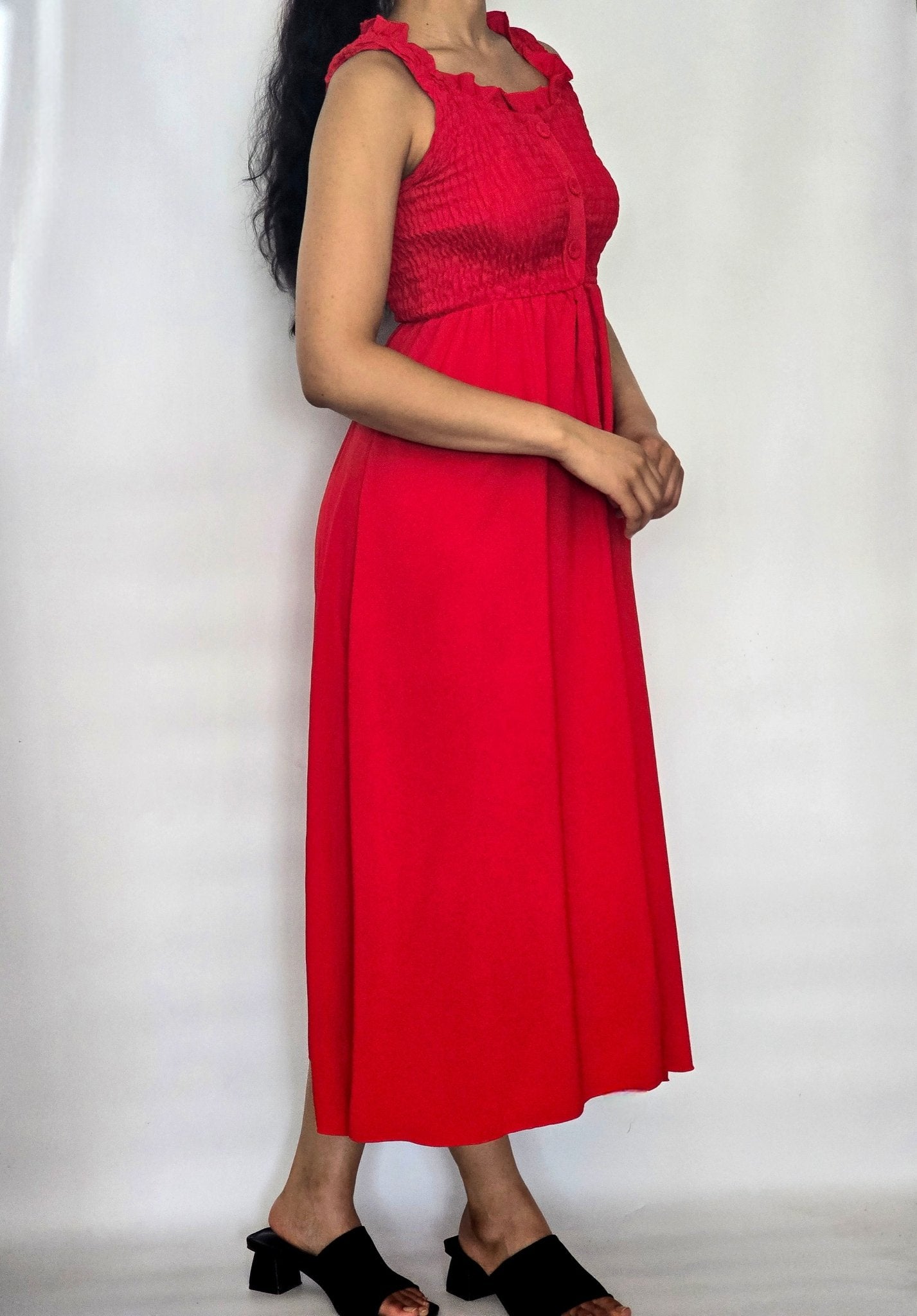 Smocked Button-Front Sleeveless Maxi Dress