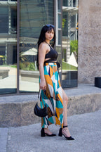 Geo Print Ruched Tie Backless Cami Top & Split Thigh Skirt Set
