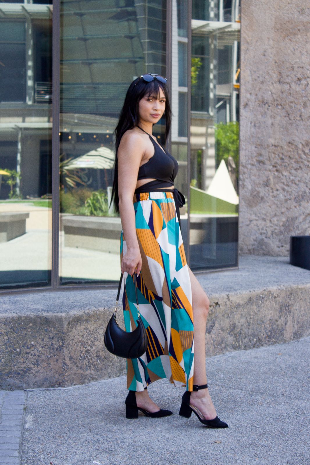 Geo Print Ruched Tie Backless Cami Top & Split Thigh Skirt Set