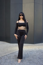 Off Shoulder Long Sleeve Lace-Up Pants Set - Bold & Stylish