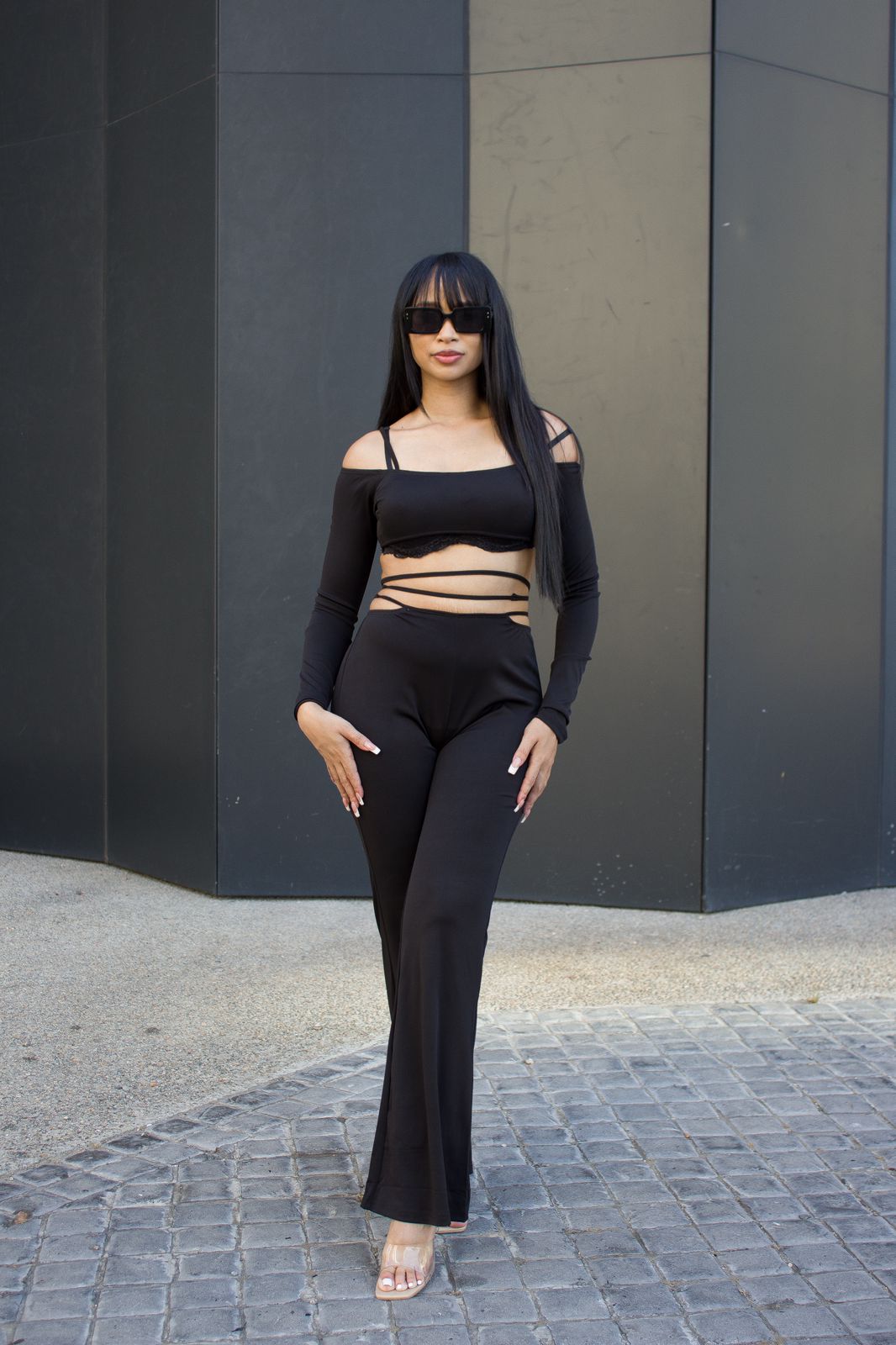 Off Shoulder Long Sleeve Lace-Up Pants Set - Bold & Stylish
