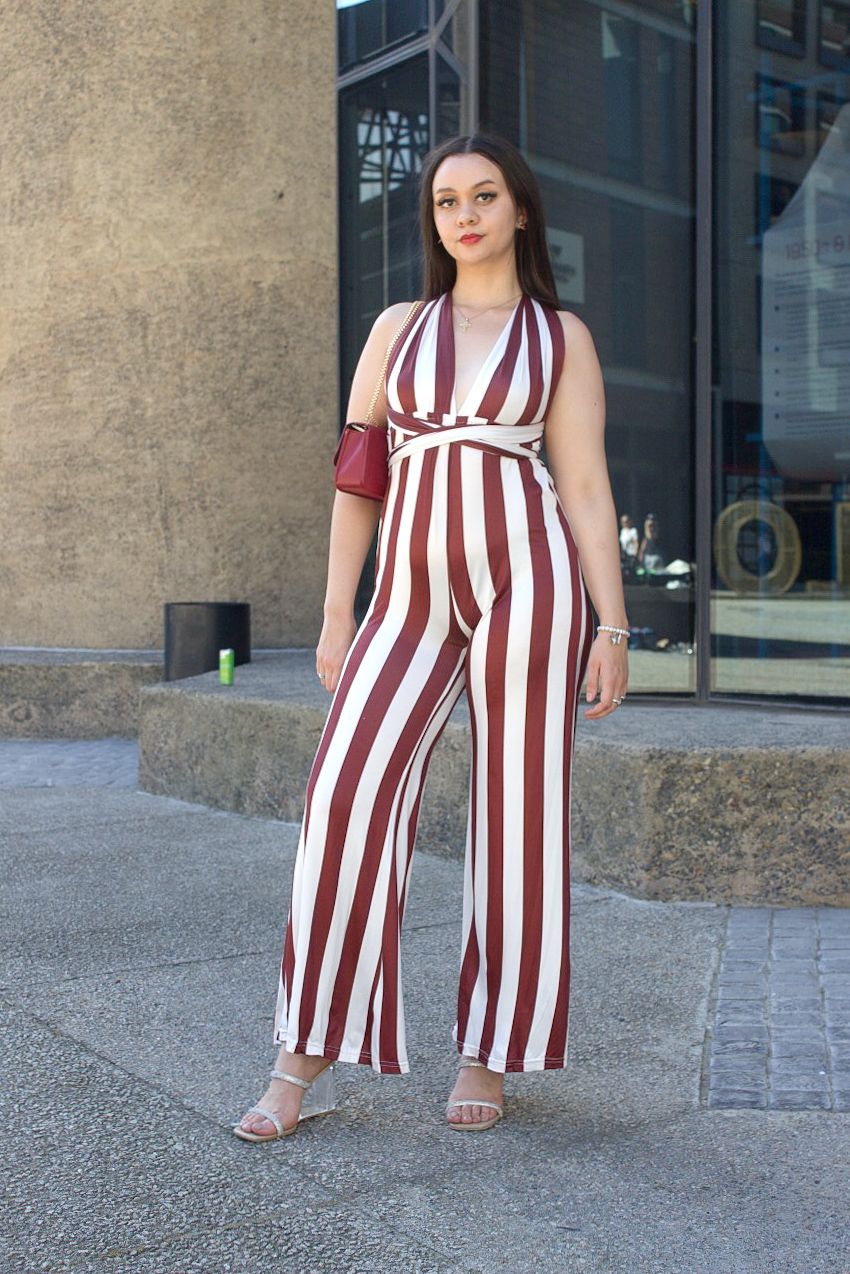 Striped Low V Neck Wrap Straps Jumpsuit | Stylish & Comfortable