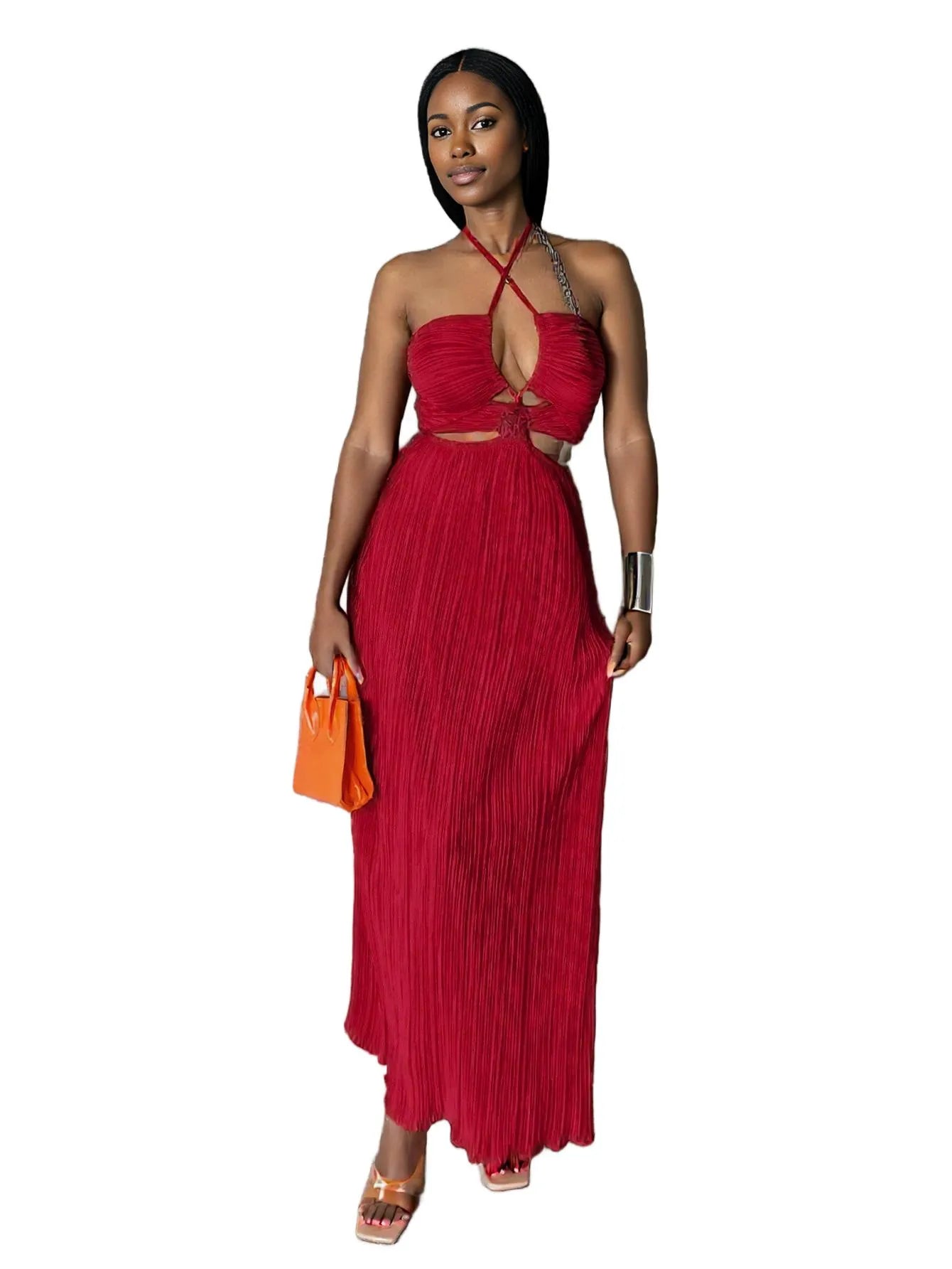 Halter Cutout Pleated Maxi Dress 