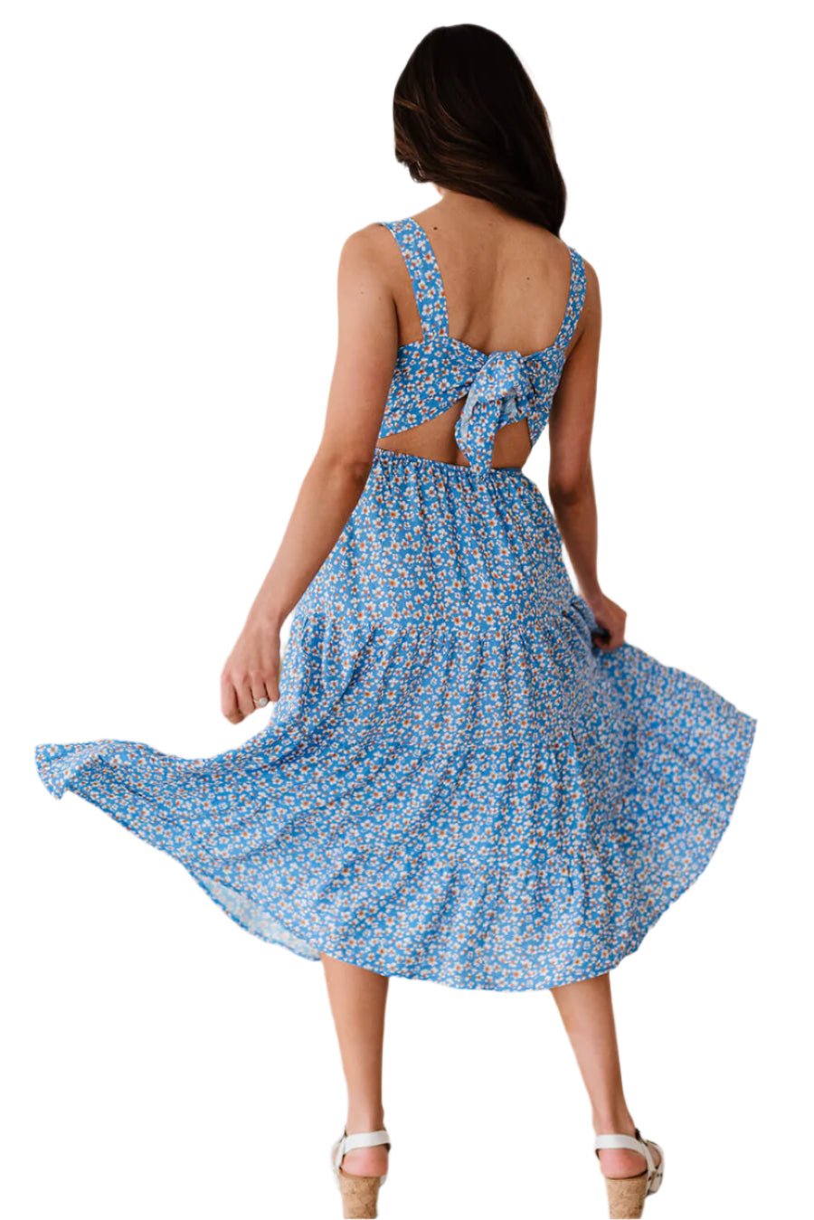 Ditsy Floral Open Tie-Back Sleeveless Midi Dress – Chic & Feminine