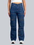 Trendy Blue Utility Cargo Jeans with Multiple Pockets  - XD117
