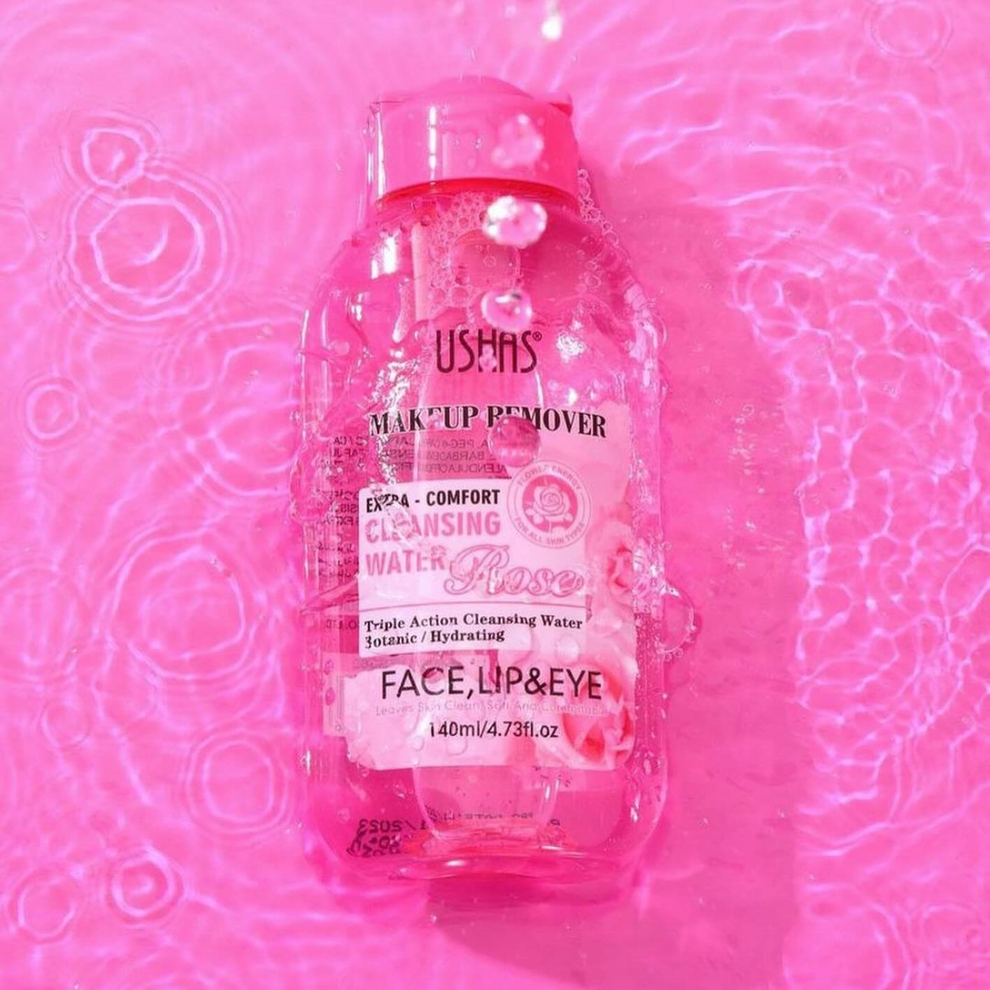 Ushas Rose Cleansing Water Makeup Remover - Extra Comfort for Face, Lips & Eyes