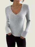 Fitted Ribbed V-Neck Top – Stretch Long Sleeve Knit