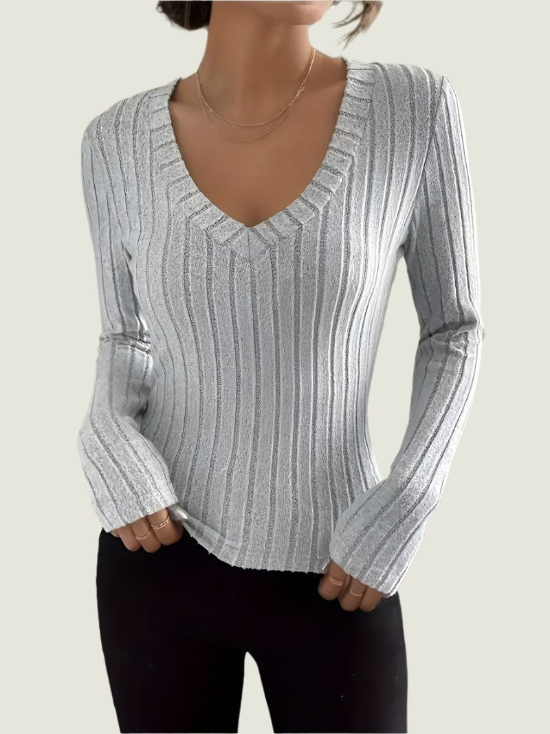 Fitted Ribbed V-Neck Top – Stretch Long Sleeve Knit