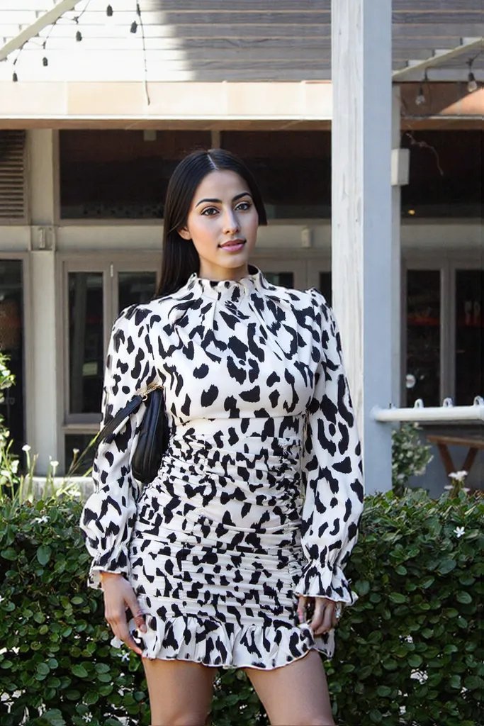 Leopard Print Long Sleeve Ruched Mini Dress – Bold, Chic, & Stylish