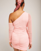 Pink Meshed Long Sleeve Rushed Drawstring Dress