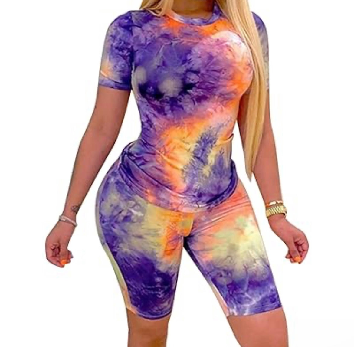 Tie-dye Lace up Backless  Top Tight Shorts Set