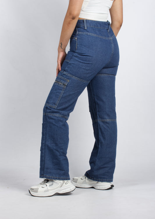 Trendy Blue Utility Cargo Jeans with Multiple Pockets  - XD117