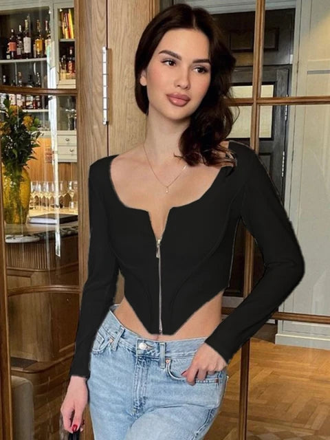 Long Sleeve Front Zip Black Cropped Top