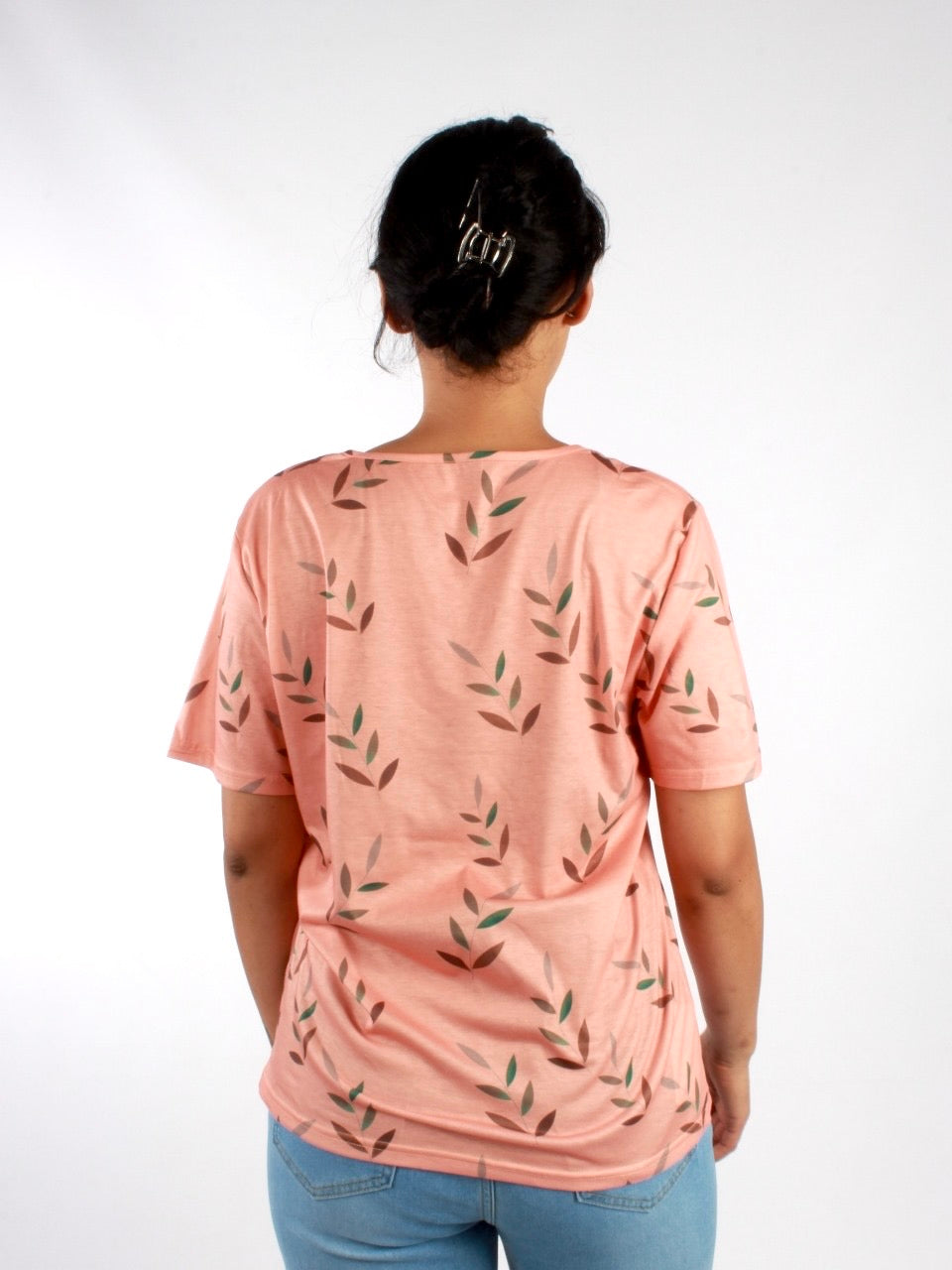 Leaf Printed V-Neck T-Shirt